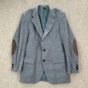 VTG Tweed Sport Coat Mens 42 L Grey/Blue Wool Blazer Elbow Patches‎ USA